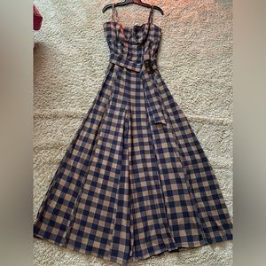 Navy and Tan wide leg flare pant jumpsuit- Border Tartan plaid